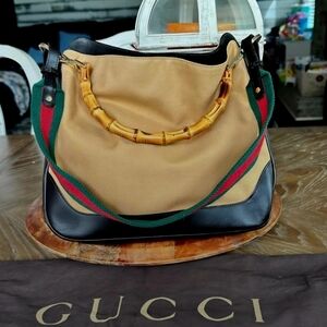 Vintage Gucci Sherry Web Bamboo Handle Two-Way Shoulder Hobo Bag